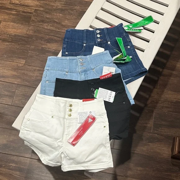 Guess Women's High Waist Shorts - Denim, Light Denim, Black, White - Picture 1 of 5